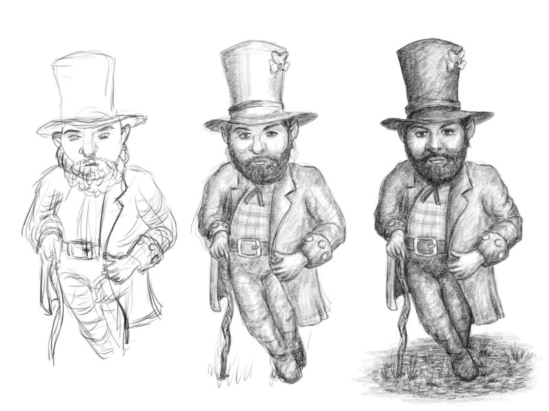 Leprechaun
For Aelin.
In this image you can see in 3 stages how I build up a drawing. I start with a rough sketch. The curves on the arms and legs help me to get the right thickness.
I lower the opacity of the sketch layer, add a new layer above it and draw over the sketch.
The only way to get better with drawing is draw, draw draw. And don’t give up.
I used Krita here.
Keywords: Leprechaun drawing sketch