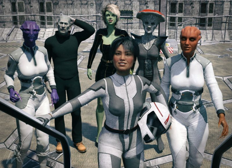 Let's Go
The patchwork crew of the new Phantom Cruiser is going on board for the first mission.

In front we have the commander and pilot Sevin Shufen from the Earth. In the second row is on the left hand side Ruvva from the planet Ziuq 58Z, she is the machine and weapon officer. On the other side is the navigator Oki from the planet Ceon 12. The other half of the crew is in the third row starting with Haildren from the planet Dapus F110, he is the engineer. In the middle is the communication officer Cinull, from the planet Llurn Q7 and the last one is her friend Scidrieka from the planet Zao W765, she is the medical support on board.

The adventure can begin, let's go!

Daz Studio Iray render.
Keywords: sci-fi