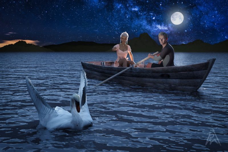 In the Moonlight
It was difficult scene to get the lighting and the composition right.

Daz Studio Iray render.

Keywords: romantic moonlight boat swan