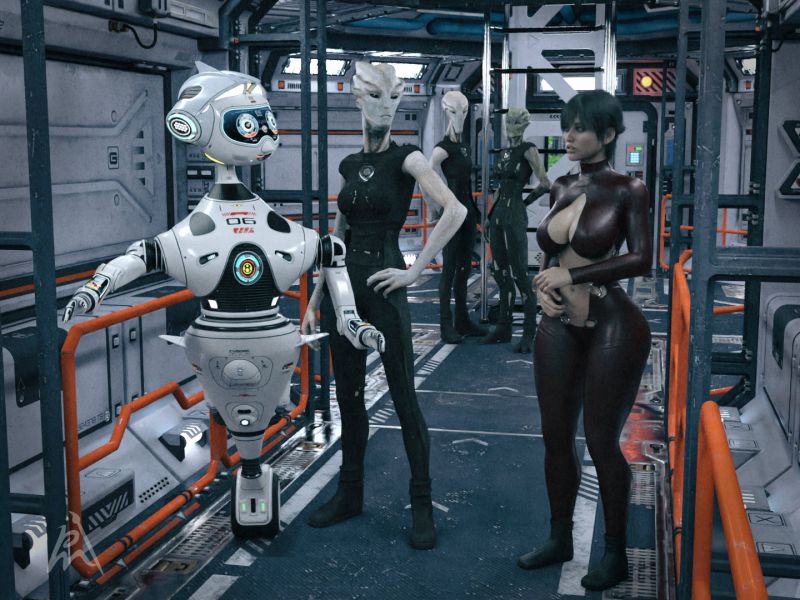 New Challenge
"We have a new challenge! The engines are not working anymore!" said commander Alana Savage.
"I would say, bad luck!" interrupted Zarlear, who is standing in the back.
"It is a question of perspective, Zarlear." answered Alana and turns to the robot R06. "R06, check the power for the engines and the engine control computer. We all will check the engines itself."
"Yes commander, I am already on my way. Beep!" answered R06.

A Daz Studio Iray render.

