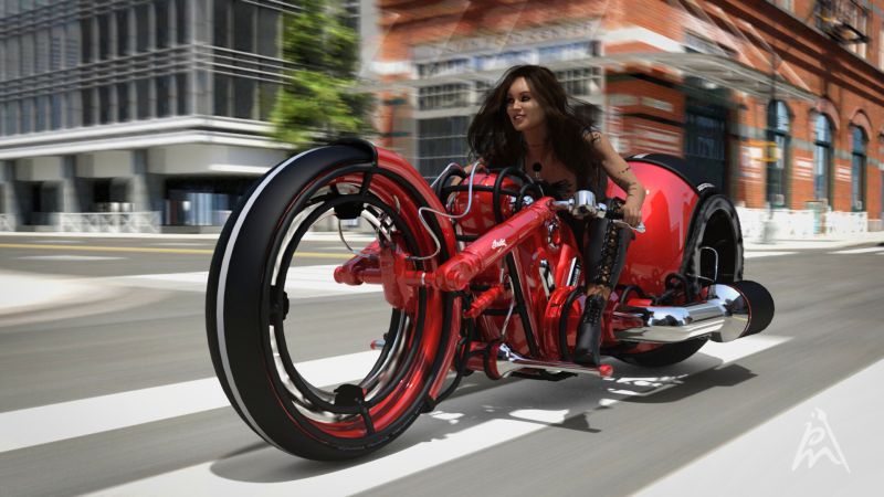 On Speed
She is driving fast through the streets of the city.
Keywords: sci-fi bike
