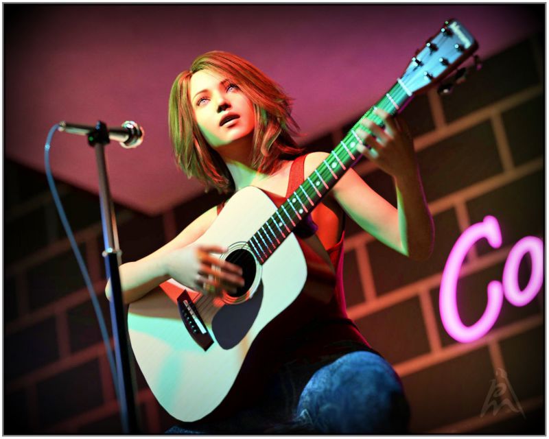 On Stage
She now for the first time on this stage.

For this A Daz Studio Iray render I used here the Club Stage by Richabri, the guitar by Zippo, the pose and lighting by myself. The postwork is done in Affinity Photo.
Keywords: female guitar club