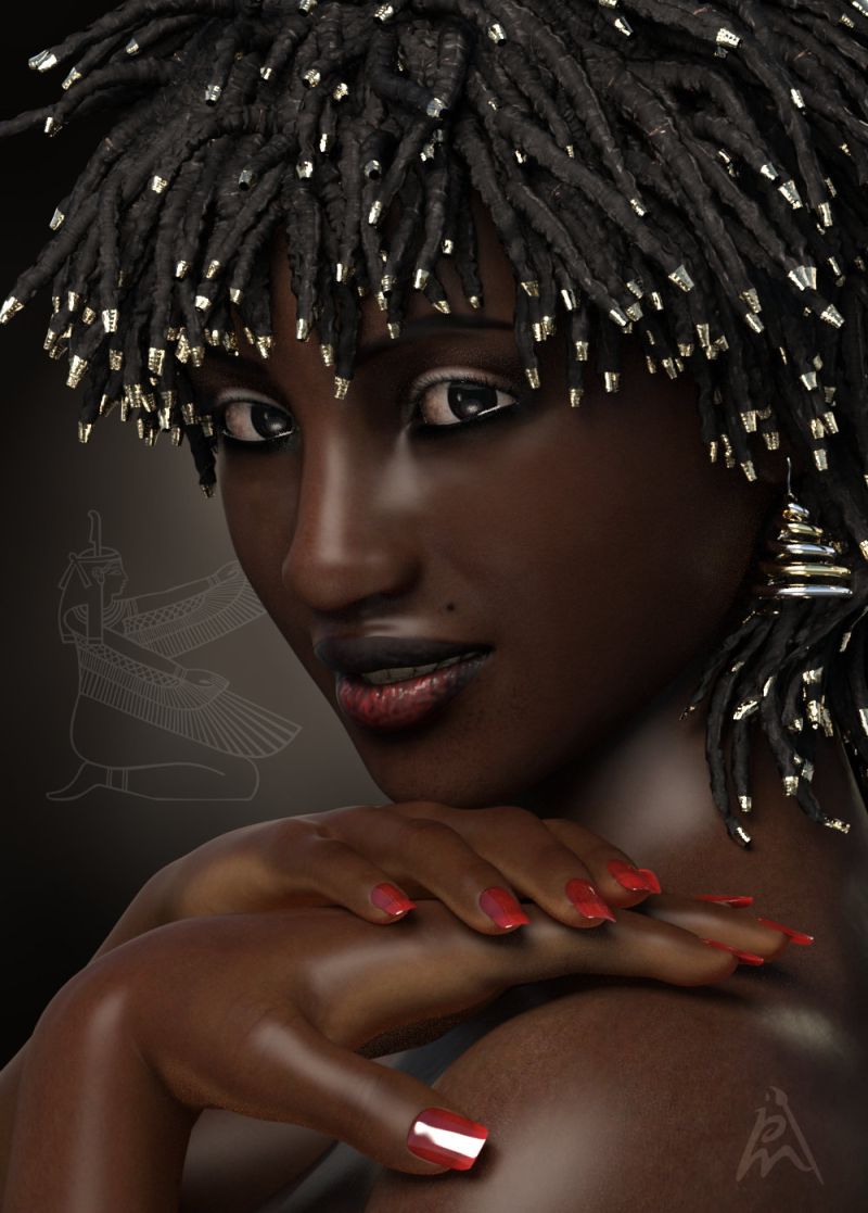 Nubian Queen (1)
When I saw Jamalia this idea popped up in my mind. Together with Jean-Luc's earrings and Prae's Azaka Hair I could create what I had in my mind.
Jean-Luc's earring could be easily adjusted to the G8F character. I used Iray shaders on the earrings.

I used three item that I won:
- Earrings Vol. 1 by Jean-Luc Ajrarn
- Jamalia by AngellsGraphics
- Azaka Hair by Prae
Keywords: queen