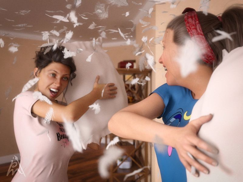 Pillow Fight
Lisa and Angie had been friends since they were little, sharing secrets, dreams, and endless giggles. One rainy Saturday afternoon, with nothing else to do, they decided to have a pillow fight in Lisa's cozy attic.

As the rain tapped rhythmically against the attic windows, Lisa and Angie gathered their softest pillows, grinning mischievously at each other. With a playful countdown, they launched into the fray, feathers flying as they swung their pillows with gusto.

"Take that!" Lisa shouted, her laughter filling the room as she swung her pillow at Angie.

Angie dodged with a giggle, retaliating with a swift strike of her own. Feathers danced in the air around them, lending a dreamlike quality to their playful battle.

For a while, they were lost in the moment, forgetting everything but the joy of friendship and the thrill of competition. They bounced across the attic, ducking, diving, and dodging each other's attacks, their laughter echoing off the walls.

As the pillow fight raged on, they both collapsed onto the pillows, breathless with laughter and exhaustion. Feathers settled around them like snowflakes.


A Daz Studio Iray render.


