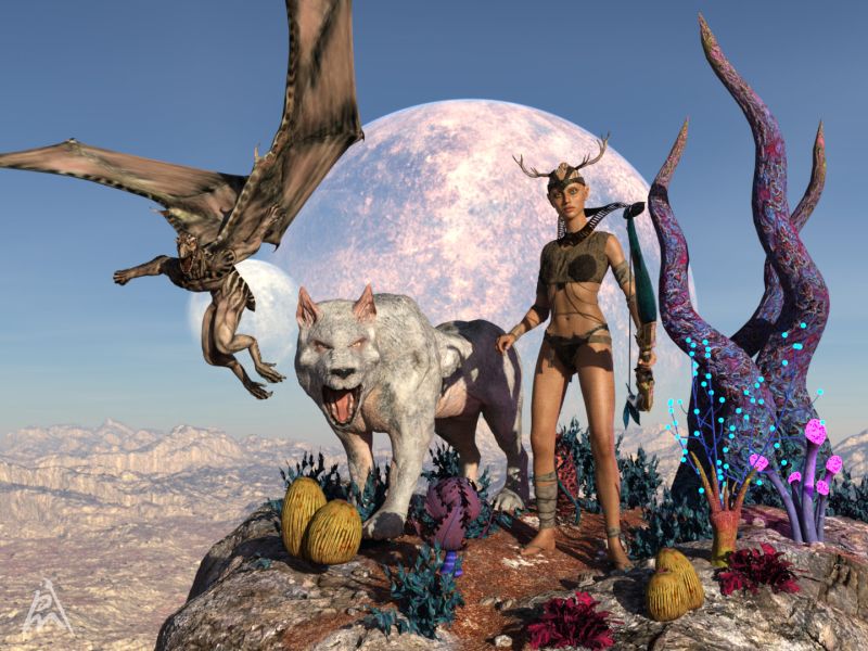 The Secrets of Sigma Eubuleus
On the vibrant planet Pigawa, nestled in the galaxy Sigma Eubuleus, lived a young Oenestra named Buodora. Buodora was a curious and adventurous soul, her pale skin shimmering under the light of Pigawa's twin suns. With wide, expressive eyes and a heart full of wonder, she was always eager to explore the strange and beautiful world around her.

Pigawa was a planet of wonders, teeming with life both familiar and fantastical. The lush landscapes were dotted with plants that glowed in the dark and sang in the wind. Strange creatures roamed the forests and plains, each more astonishing than the last. Buodora's constant companion on her adventures was Naltair, a loyal Grorpyyle.
Keywords: planet galaxy