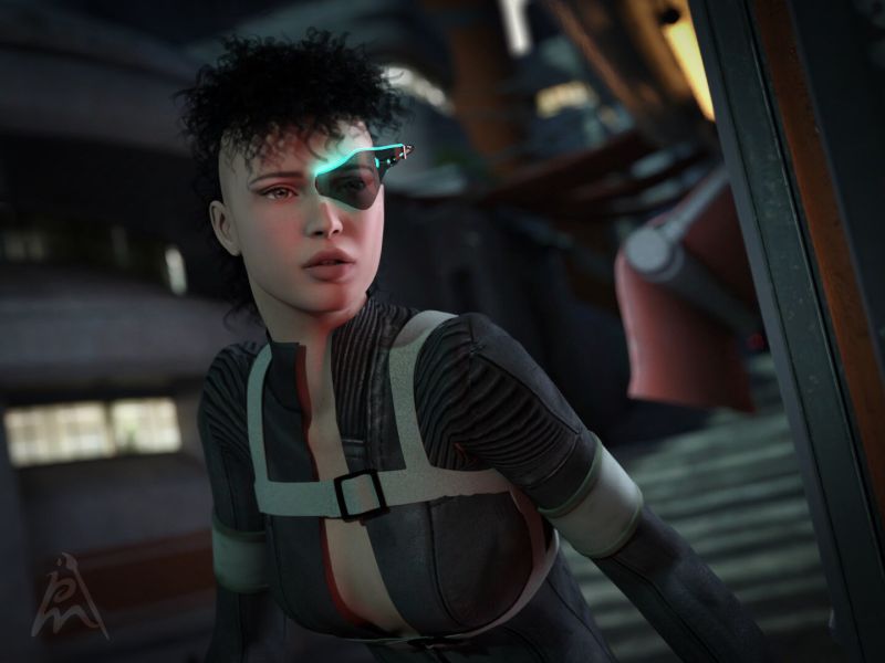 Sneaking
In this Daz Studio Iray render I used Prae's Feral Hair: G8-8.1 [DS] that won. In this scene I used Victoria 4 and fitted the G8 hair. The glasses (CyberGlasses for Genesis 9 at Renderhub) is a freebie by mbit (brain1969). Own pose.
Keywords: glasses woman sci-fi