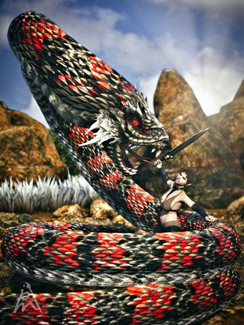 The Attack
The brave Pikmewe is attacking the snake dragon to defend her village.

G8F Gnome by FuzzyLogic Creations (FRM)
Summoner's Doll-Eater by Summoner (RenderHub)
Teena Hair by Vyusur for Genesis 8 and 8.1 Female  (RenderHub)
Kiruna for Genesis 2 Female(s) by Nikisatez (Daz3D)
Another World by Vicky176 (Daz3D)
Poses by PeTeGe

Keywords: gnome sword snake dragon fight