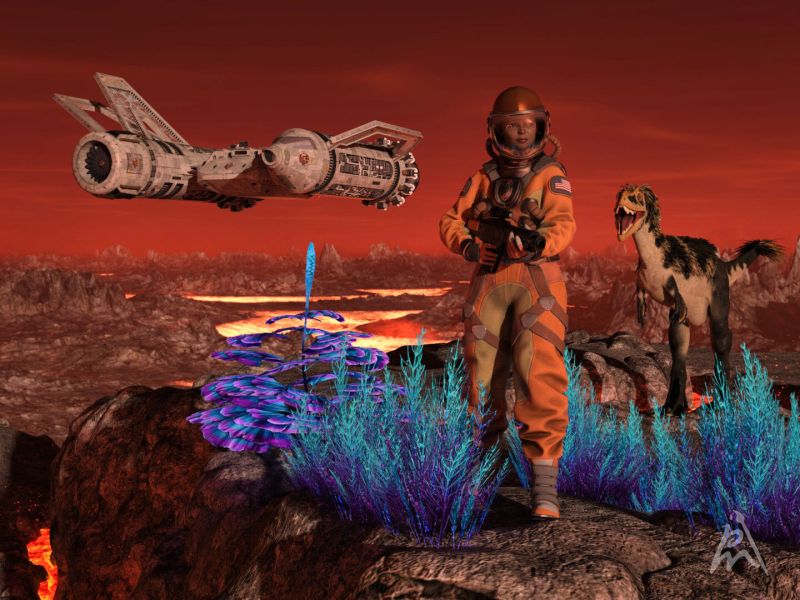 Vulcanix (2)
Nora's heart raced as she scanned the rugged terrain of Vulcanix, her senses alert for any sign of danger. She and her team had landed on the fiery planet in search of rare minerals.

The spaceship Odyssey observes the terrain around the team. “Nora, watch out! Behind you!”

Keywords: space spaceship planet