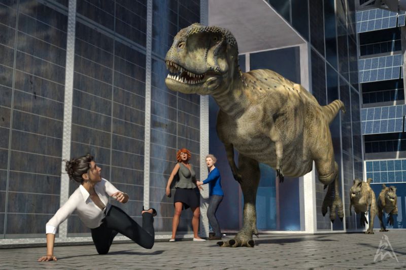Who Left the Gate Open?
A sunny day and then ... dinosaurs run through the city streets.
Who left the gate open?

Will she be fast enough to roll over onto her back, out of the way of the dinosaur?

Items used:
AbelisaurusDR by Dinoraul (Renderosity)
Poses by AbelisaurusDR by Dinoraul
Lorraine for Genesis 2 Female(s) by Digital Touch (Daz3D)
Poppy Hair for Genesis 3 & 8 Females by AprilYSH
Work Day Outfit for Genesis 8 Female(s) by 4blueyes *Daz3D)
Contemporary Buildings Hyper Kit by Whitemagus (Daz3D)
Poses people by Petege
Keywords: dinosaur running city street danger
