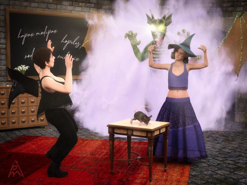 The wrong spell
Today it is Hexana's turn to show, in front of the class, what she has learned.
Her teacher, witch Armalda, said Hexana need to change the mouse in a bunny.
"Are you really sure you want a bunny and not a frog?" ask Hexana. She can't remember the spell for a bunny and knows only the one for a frog.
"Yes! I am really very sure that I want a bunny and not a frog!"
"Okay! Hapax ... modipax ... rodifaxes rubanix!"
"NO! NOT rodifaxes! Rodifixes! And not ..." PUFF! It is too late!
Hexana create a dragon instead of changing the mouse in a bunny.
Keywords: magic class witch