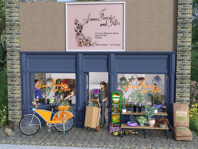 Amour Florist and Gifts
A shop with this name existed about 31 years ago and my mom was the florist!

Main building by PeTeGe

Background - Painted Valley from Millennium Environment (Daz3D)

Characters:

Genesis 2 Females: Characters (Base)
1. Clothing - Business Class Two shirt and pants by Aave Nainen (Daz3d) / Hair - Estal (Daz3D)
2. Clothing - Ordinarily One for Genesis 2 Female by Aave Nainen (Daz3D) / Hair - Lady Florence (Daz3d)
3. Clothing - Dungarees set (Wilmap) / Hair - Scarf Braid (Daz3D)
    
Props:

Desk by PeTeGe
Flower rack by PeTeGe
Cash register (Archive3D)
Bicycle by Cronoz-artes (SketchUp Warehouse)
Promo stand by puppiesam (Turbosquid)
Burlap bags by Max Nimos (ShareCG)
Mosaic Lizard High Poly by VyVera (Turbosquid)
3D Model Desk Storage Organizer by Brimmer (Turbosquid)
Magazine Rack 3D Model by Tomoplace (Turbosquid)
Chargrill 3D Model by MarchCAT (Turbosquid)
Seed envelopes by PeTeGe
Wicker Trolley by PeTeGe/Launok
Billboard by PeTeGe/Launok (Info from my mom's flower shop card!)
Wall, floor, earthenware - Greek island style by Maria (ShareCG)
Glassware 1-3 by klausdbg (ShareCG)
 
Plants/Flowers:

OP Flower Pot by A. Gunsolley (ShareCG)
Three props at once by A. Gunsolley (ShareCG) (Used vase/table without cloth)
Kyklades flower pots 1-4 by Maria (ShareCG)
Hanging pots by Maria (ShareCG)

A Daz Studio 4.12 render
Keywords: 3D, scene