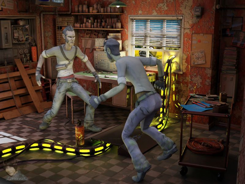 Fury Among the Files: An Office Battle Royale
In the dimly lit remains of what was once a bustling office, two men stood face to face, their expressions a mix of anger, fear, and exhaustion. The air was thick with tension, echoing the desolation of the world outside.

One man's eyes burning with resentment. "You always had to be the one in charge, didn't you? Always had to have things your way!"

The other man, his clothing equally worn and dirt-stained, shook his head bitterly. "And you never listened! You never cared about anyone but yourself. You think you're the only one who knows how to survive out there?"

Their argument escalated, voices rising amid the ruins of the dirty office filled with trash and broken parts.
Meanwhile, a figure watched from outside, its animatronic eyes wide with shock. It was a character from the Five Nights at Freddy's universe, frozen in disbelief at the sight unfolding before it. In a world already twisted by disaster, the breakdown of human relationships seemed almost too much to bear.


ITEMS USED:

Post-Apocalyptic Office by carlcapu9 (Sketchfab)
Fight by NORBERTO-3D (Sketchfab) - only characters used
Plushtrap Shock by OrangeSauceu (Sketchfab)
Postwork and rendering help to remove noise by Petege (my laptop graphics card can't handle all)
Background from Unsplash

A Daz Studio Iray Render

Keywords: 3D, scene