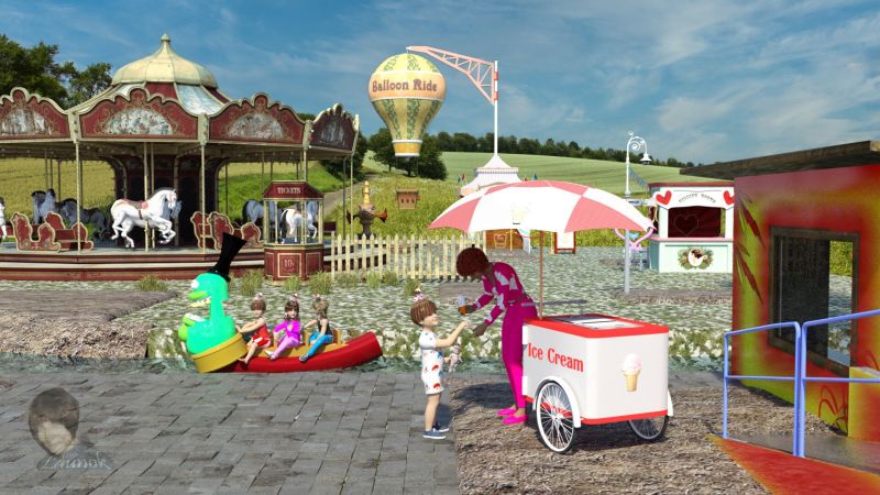 Sweet Wonderland
Items used:

Victorian Carnival (Playground) - AnimaGemini
Victorian Carnival (Balloon Ride) - AnimaGemini
Victorian Carnival (Kissing Booth) - AnimaGemini

Other props:
Carousel (Daz3D)
Building to the right side is part of a Ferris Wheel - Mausel (Renderosity)
Ice-cream cart - Ligeia (ShareCG)
Hats on children's heads - MysticArtDesign (ShareCG)
Marshmallow man - doll in boy's hand - MysticArtDesign (ShareCG)
Toon style boat (SketchFab)
Tiled flooring (Petege)

Characters:
Genesis 8 Female & Genesis Basic Child

Pose on G8F by Petege which I changed a bit
Poses on children - all basic which I changed a bit

Background from Pixabay
Sky from Luminar 4

Daz Studio Render
Keywords: 3D Scene