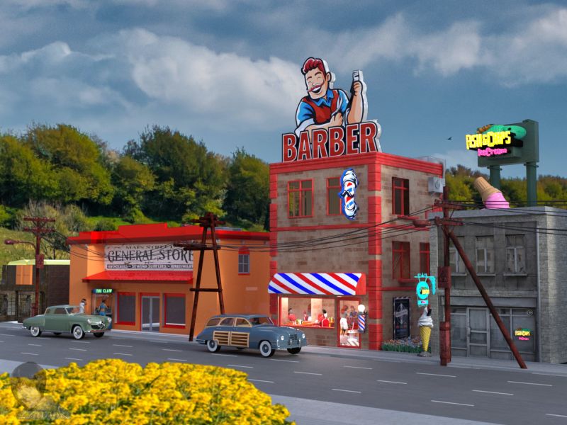 Downtown Village
~SAOTW Wk of 5/27/23~
Items used:

Magic bookshop by A9908244 (SketchFab)
Magic bookshop roof top/front wall open book - used Open Book by Aaron Owens (SketchFab)
Downtown City Building 04 by jimbogies (SketchFab) / General Store
Claw Machine by Victoria Reinhold (SketchFab) / Character G8F pose by Petege / Base G8M pose
Barber Shop - Stylised by cjmitchell (SketchFab)
Barber Shop Pole with light - used Barbers Pole by Vinny Passmore (SketchFab)
Barber Shop Interior - Character poses by Petege
Fish & Chips Building and Logo Frame - Modeled in Blender by Petege
Fish & Chips Logo - Adapted by Petege from "A Food Truck Project by xanimvm (SketchFab)"
Hanging_Sign_002 by Vinny Passmore (SketchFab)
Ice Cream Sign by Thomas Flynn (SketchFab) / Standing in front of building
Ice Scream by Duznot (SketchFab) / On roof in front of logo
Abandoned Street Lights Pack by sergeilihandristov (SketchFab)
Vintage cars:
1948 Packard Woodie by Birdman (ShareCG)
Studebaker by Birdman (ShareCG)
Street - Modeled by Petege
Flowers between buildings are part of the street set by Petege

Background and foreground flowers from Unsplash

Daz Studio render

Keywords: SAOTW 3D, scene