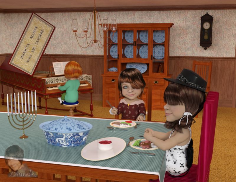 Enchanting Room
Just want to let you know I lost all of my renders done last year due to my laptop crashed after Windows update.  Happily earlier work are on an external disk.
This is my 1st render done this year after laptop is fixed.

Items used:
Fully equipped room with Delft dish and plates - Richabri
Harpsichord - Ness Period Reproductions
Food on plates, cutlery, tablecloth, candle holder - forester
Genesis doll morph - Mythcons (unavailable as it was a gift)
Clothing by Wendy and bow dress from Daz3D
Poses (altered by me) and render done by Petege in Daz Studio.

Keywords: 3D, scene