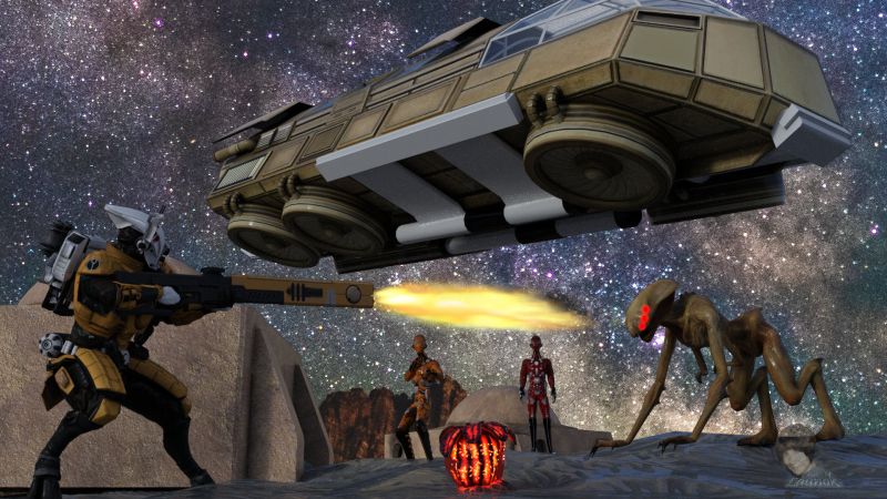 Golgoth versus Rebels of Cuistea
On the planet of Sugawa is much comotion as the Rebels of Cuistea has infiltrate them and want to take all.  The trooper, Malbert, is ready to shot down the Monster of Golgoth who is there to protect the nation of Sugawa.  Golgoth has normal eyes but when confronted they turns bloody red and his claws are very sharp and can torn anything into very fine parts.  He is also super fast … turbo fast!

ITEMS USED:

TERRAIN:

Moon Petavius Crater by SebastianSosnowski (Sketchfab)

BUILDINGS:

Tatooine Styled House V2 by haykal12321 (Sketchfab)

CHARACTERS:

Alien Orange Trooper by Comitre (Sketchfab)
Alien Red Trooper by Comitre (Sketchfab)
Fan Art - Tau Warrior 2020 by Shrodo (Sketchfab)
Alien by DJMaesen (Sketchfab)

PROPS:

Futuristic Transport Shuttle Animated by 3DHaupt (Sketchfab)
Exploding Barrel Cactus by gavinpgamer1 (Sketchfab)

BACKGROUND:

Image from Unsplash

POST WORK:

Flame & Eyes on Alien monster

Daz Studio Iray Render

Keywords: 3D scene sci-fi space