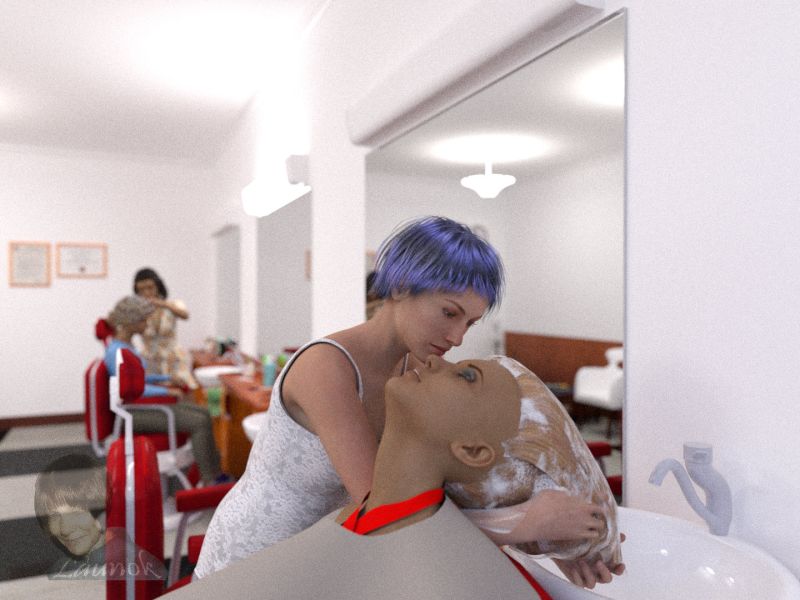 I'm Gonna Wash That Gray Right Outta My Hair
I lost my hairdresser renders due to a laptop crash.  Happily some of them are saved on OneNote and here is one of them.

It was quite challenging to do but with the help of Petege I could add soap and use wash and styling poses.  Also learn DOF, etc.
Keywords: 3D, scene