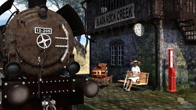 BLACK ROCK CREEK
I love vintage and this great gift is so much in my alley!

Items used:

Machine Ville Chloe Train Bundle (gift from The Fantasies Attic)
Background:  Serengeti Cyclorama (Daz Studio)
Baggage wooden barrow - DryJack (Renderosity)
Brown hat box - DryJack (Renderosity)
Red ticket box - DryJack (Renderosity)
Luggage cases - Ligeia (ShareCG)
Bench - Archive3D (converted by Petege)
Character: Genesis 8 Female
Pose by myself (I still learn poses)
Hair: French Twist Hair (Daz Studio)
Clothing, including hat, handbag and umbrella - Wendy (Wilmaps Creations)
Shoes - Amy_Aimei (DeviantArt)
Postwork by myself and guidance for composition by Petege

Daz Studio Render

