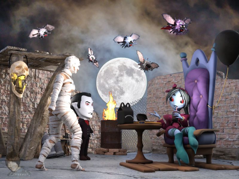 Midnight Feast in the Moonlight
Time for a little snack at midnight ...

ITEMS USED:

BUILDING PART:

STALKER by Vintar (Sketchfab) - Includes the fire

PROPS:

Dracula Vampire Virus by Mad_Lobster_Workshop (Sketchfab) - Flying monsters
SadMeal by Alyona Shek (Sketchfab) - Whole part of girl sitting on chair
Skull Lantern by Brendan Wood (Sketchfab) - Hanging lantern

CHARACTERS:

Vampire by rSquare (Sketchfab) - Vampire with black suit
BandageMania V4 by Marco (ShareCG) - Mummy with pose fitted to G8F

Background with moon from Unsplash

Daz Studio Iray Render
Keywords: 3D scene halloween