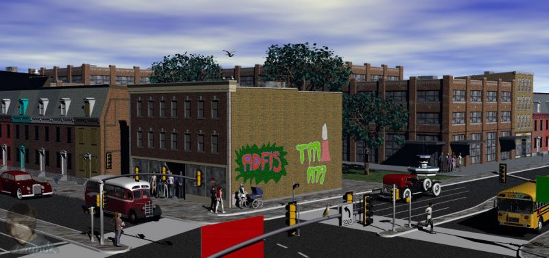 STREET SCENE
Everything in the scene are Sketchup models which I got over from the Warehouse.

I struggled to get the street walking lines to work in Bryce and just left it as is.

Bryce 7.1 render (2018)
                    
Keywords: 3D Scene