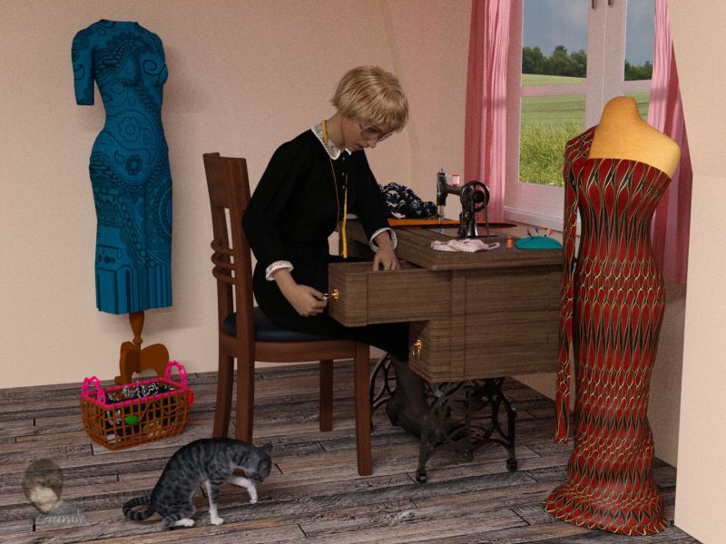 THE SEWING NOOK - SAOTW 08/20/22
An old sewing machine I had and also my mom's sewing machine inspired me to make a scene using something similar.

Items used:

- Sewing machine with cabinet by Cal (Rendo freestuff) with rigging done by PeTeGe on the drawers/handles.
- New Roma Chair by ProfNul from Rendo freestuff
- Genesis 8 Female pose by PeTeGe
- Measuring tape around G8F neck by PeTeGe
- Measuring tape next to sewing machine from SketchFab
- Thimble with chicken standing on top from Free3D
- Pin cushion from Archive3D
- Basket on floor from Archive3D
- Mannequin with blue dress from Archive3D
- Mannequin with red dress from SketchFab
- Fabric on the side of the sewing machine and inside the basket by Beat578 from Rendo freestuff
- Brown sleeve under the sewing machine foot by Rosemaryr from ShareCG
- Room used from Tikiman Art Studio (Rendo freestuff)
- Background from Pixabay
- Fabric textures downloaded from DeviantArt

Daz Studio 4.12 render
Keywords: 3D Scene