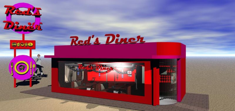 Red's Diner
Old Bryce 7.1 render

I have built my second building with signage in Sketchup - a diner - but I am not really a modeler.  The interior is not my work but part of Johnny's Diner from DOA5 and not included in download.

Download at DeviantArt - visit my uploads at DA under launok ...

Keywords: 3D, scene