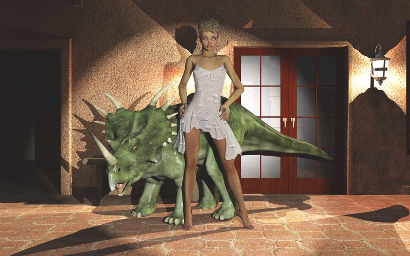 3rd Place ~ Katja with Dino.
Original was 3200x2000 but here's a 2500x2500 limit. 
Katja is one of my models that I like to use. And in this scene, I just wanted an extra dinosaur without a backstory. 
Keywords: Katja Dinosaur